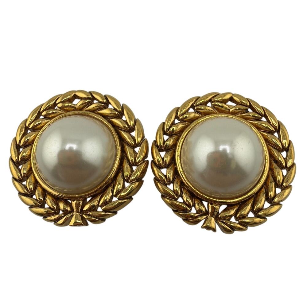 Vintage Alfred Sung Gold-Tone Faux Pearl Clip-On Earrings